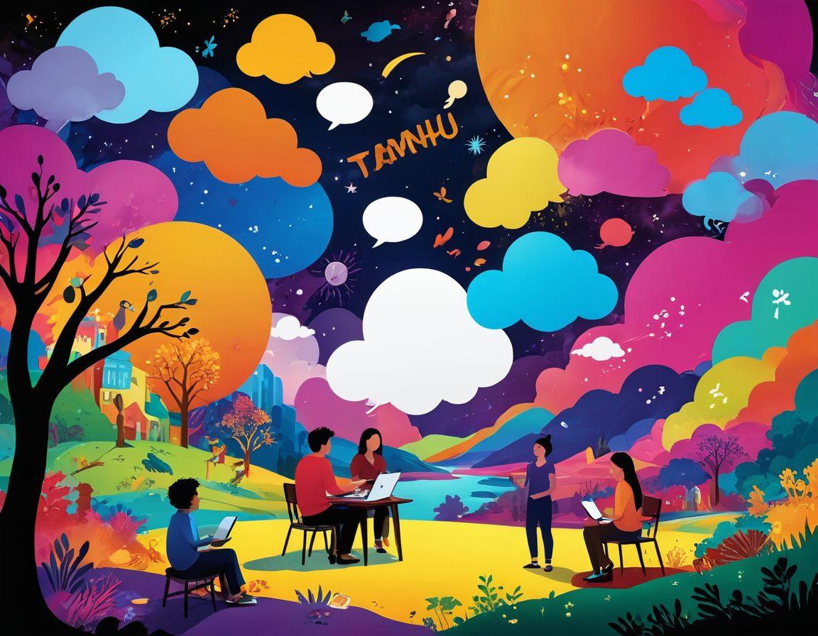 An imaginative digital landscape filled with diverse characters from different cultures, each immersed in storytelling activities like writing, drawing, and narrating. Vivid speech bubbles float above their heads, displaying captivating stories and ideas. A digital canvas in the background bursts with colors and dynamic visuals to represent creativity and engagement. The scene should evoke a sense of community and collaboration in storytelling. super-realistic. vibrant colors. 3D.