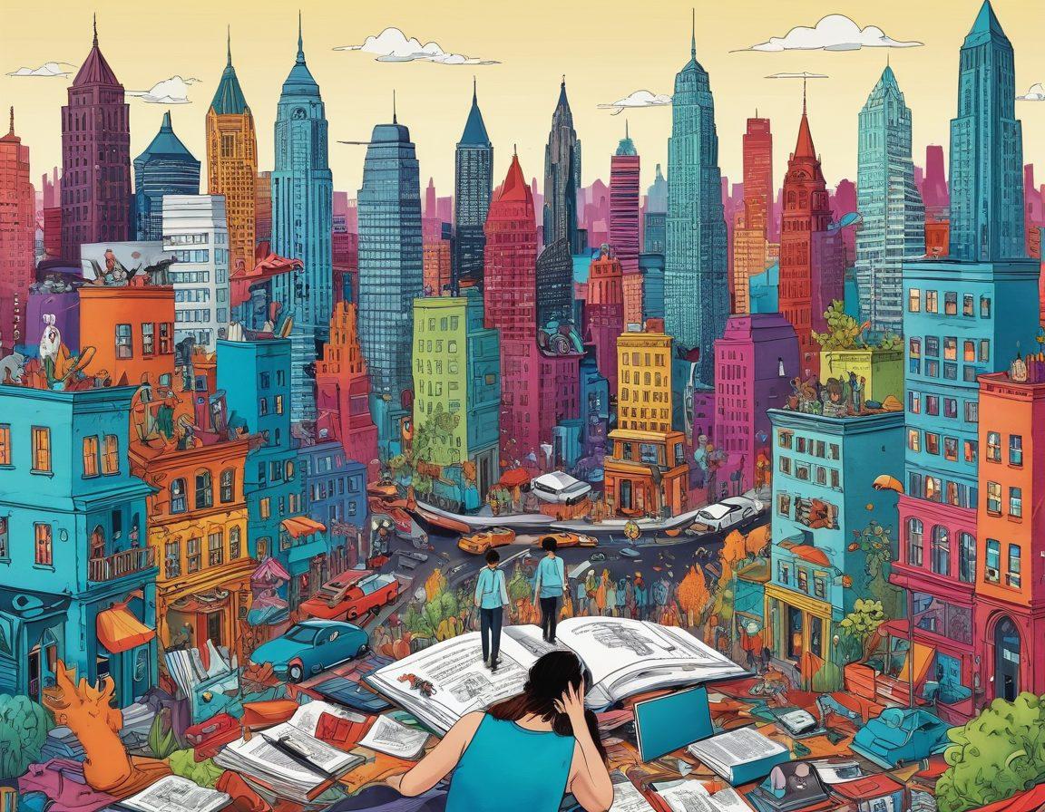 A whimsical cityscape made of oversized thumbs and creative elements like pens, books, and digital devices scattered throughout. Vibrant colors splash across the scene, with bloggers depicted as tiny figures exploring the city, engaging in storytelling. The skyline should blend reality and fantasy, with hints of social media icons and digital motifs. The overall vibe is playful and encouraging, inviting the viewer to embrace creativity. super-realistic. vibrant colors. whimsical style.